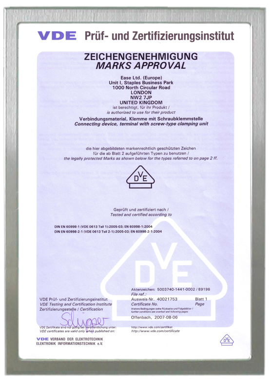 VDE APPROVAL Terminal Block