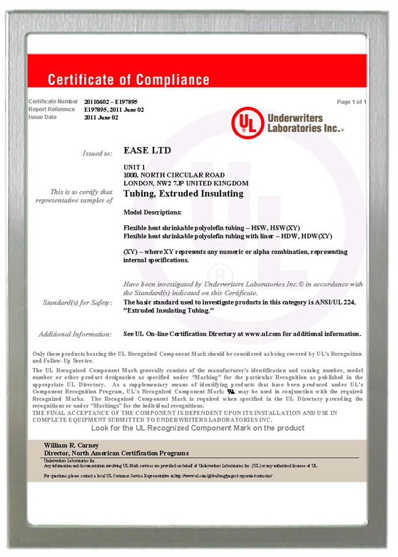 UL certificate for Heat Shrink Tubing
