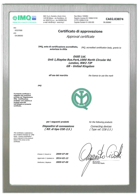 IMQ CERTIFICATE FOR ONE-SIDE ENTRY WIRE CONNECTOR
