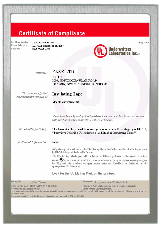 UL certificate for Insulation Tapes